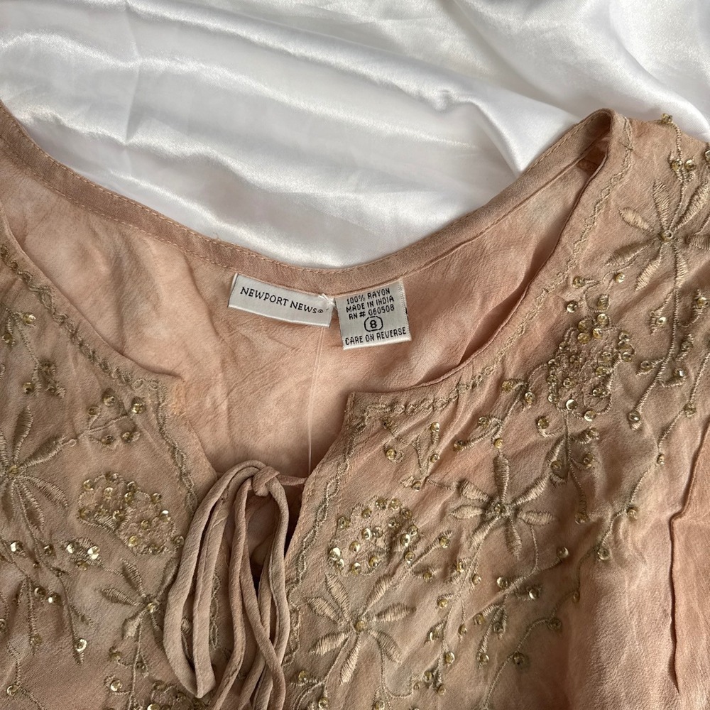 Newport News Boho Tie Dye Embroidered Sequin Bell Sleeve Peasant Blouse Peach 8 - Picture 4 of 6